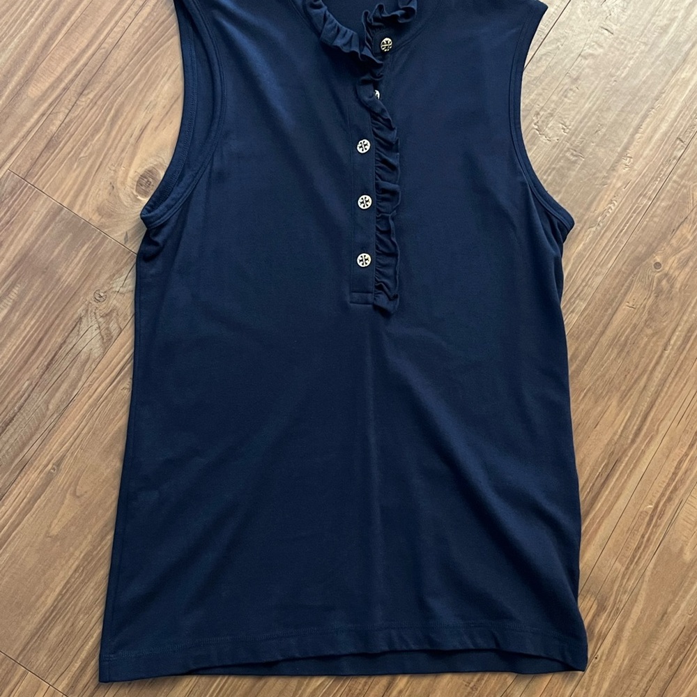 Tory Burch Navy Ruffle Button Blouse